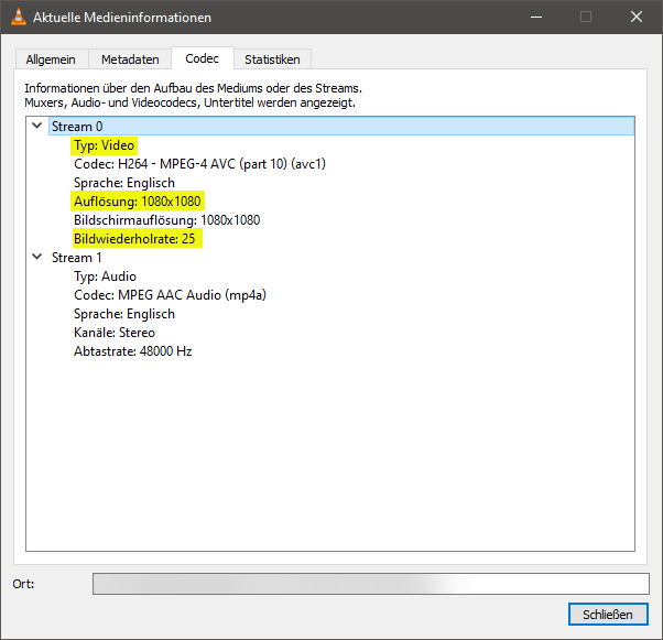 VLC Auflösung Info